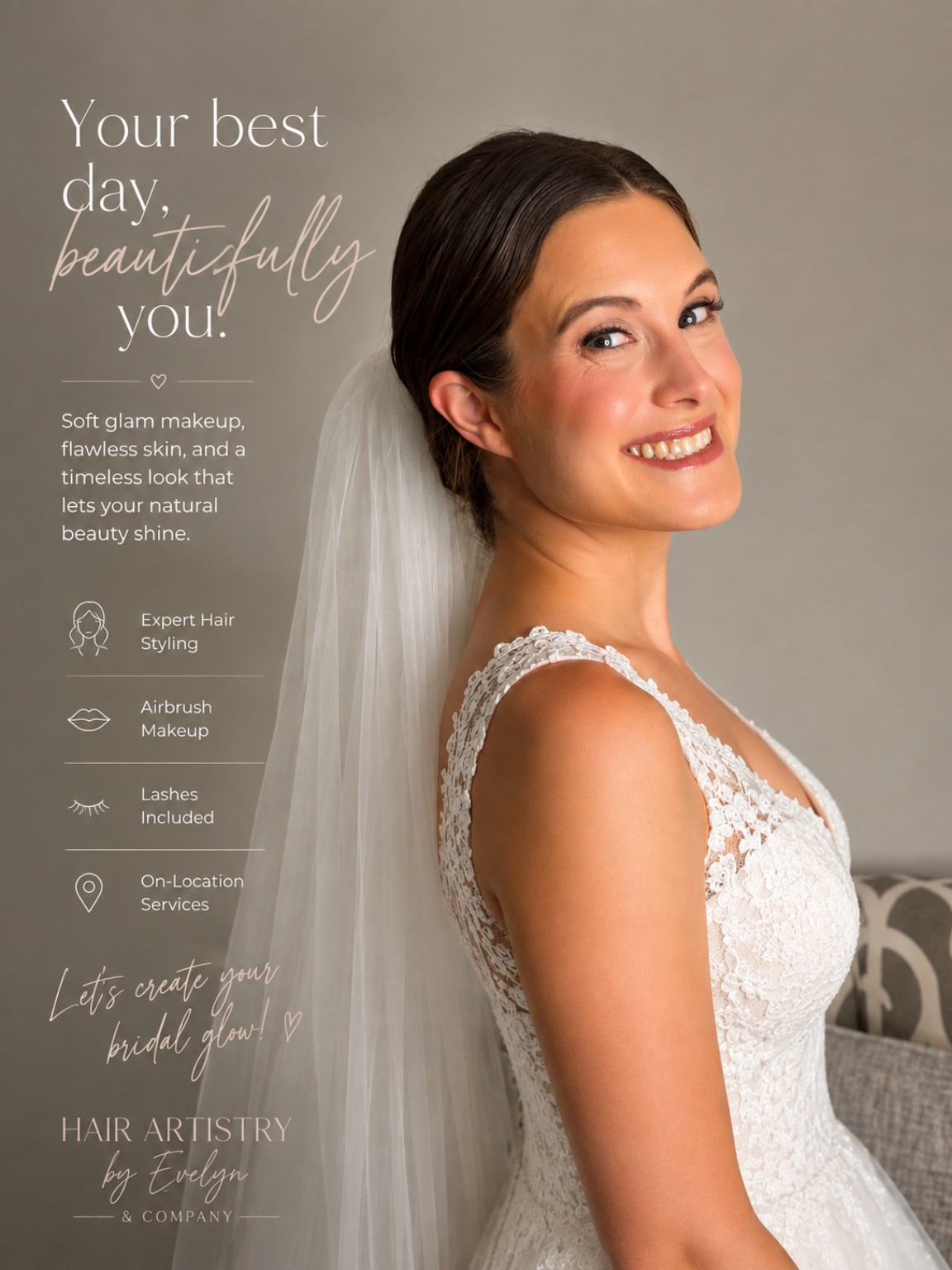 Bride with timeless hair and soft glam makeup by Hair Artistry by Evelyn