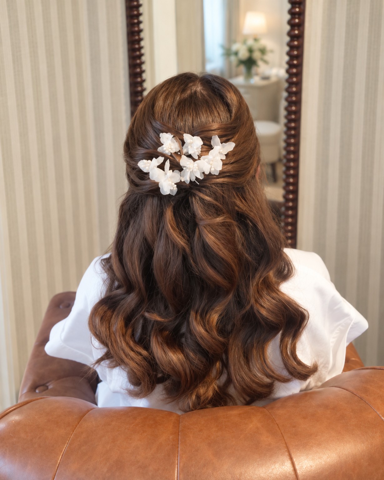 Romantic half-up bridal hairstyle with flowing curls and white floral hair accessories